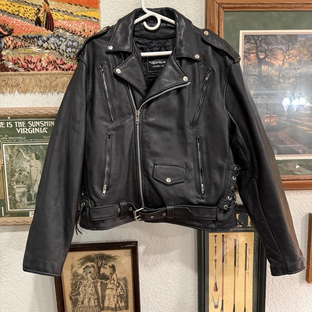 UNIK RARE Leather Apparel Mens Heavyweight Motorcycle Jacket Size 46 Cross Zip
